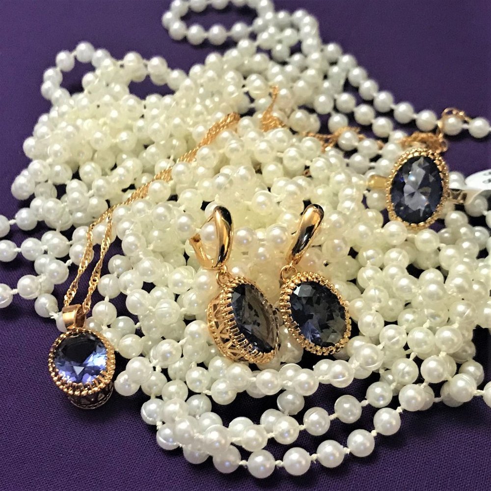 CZ Dark Purple Gold Jewelry Pendant Set w/ Ring